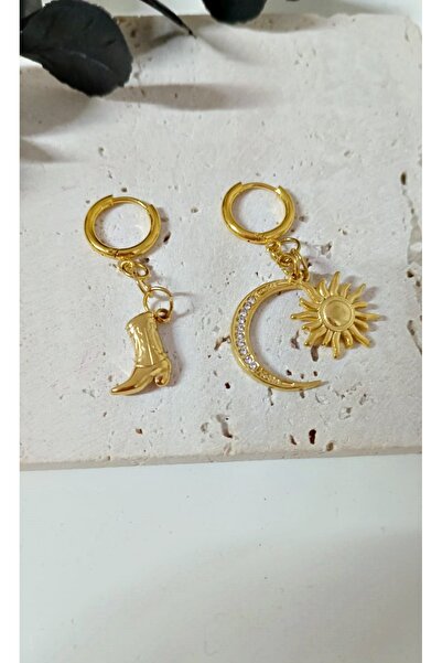 mos&more Paslanmaz Çelik Ay Güneş Ve Çizme Küpe
