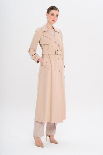 Olcay Double Breasted Leopard Pattern Lined Water Repellent Long Trench Coat Bej 6747