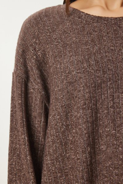 Lovelyİstanbul Brown Ribbed Knitted Blouse and Pants Set - Comfortable Lrg0014