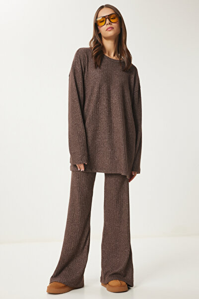 Lovelyİstanbul Brown Ribbed Knitted Blouse and Pants Set - Comfortable Lrg0014