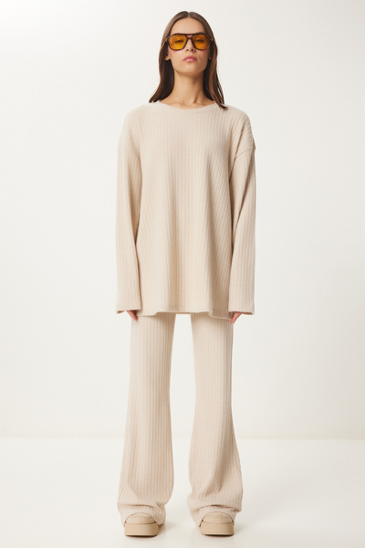 Lovelyİstanbul Ribbed Knitted Blouse and Pants Set - Cream Lrg0014
