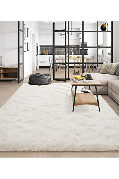 Badelya Home Krem Post Peluş Halı Yolluk Yumuşak Tüylü Puffy Kaymaz Özel Taban Dekoratif Yıkanabilir Modern