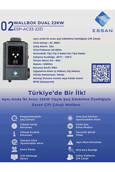 Essan WALLBOX DUAL 22KW ESP-AC33-22D ÇİFT ÇIKIŞLI ELEKTRİKLİ ARAÇ ŞARJ CİHAZI TOGG TESLA BYD BMW TORRES