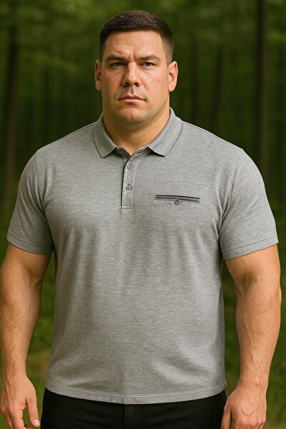 Maccali Men's Plus Size Basic Gray Polo Neck T-Shirt with Pockets