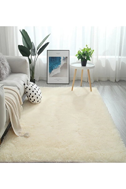 Badelya Home Krem Post Peluş Halı Yolluk Yumuşak Tüylü Puffy Kaymaz Özel Taban Dekoratif Yıkanabilir Modern