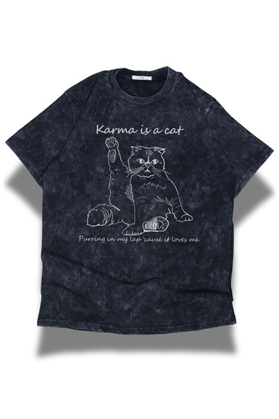 Fuddy Moda Unisex Karma Is A Cat Baskılı Yıkamalı Tişört, Oversize Taylor Swi...