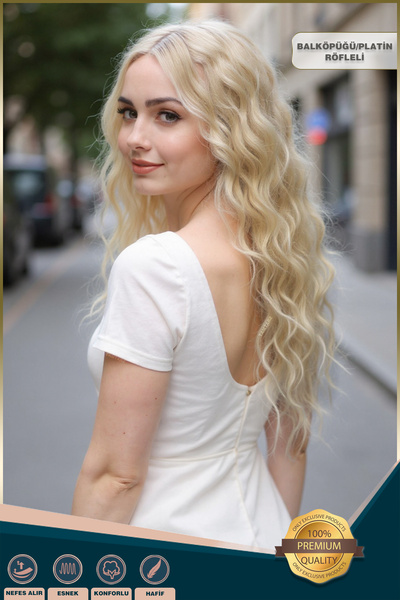 KONAK PERUK Kabarık Dalgalı Uzun Fiber Sentetik Peruk - Balköpüğü / Platin Rö...