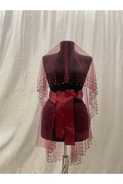 NEHİR AKSESUAR Bordo Işıl Işıl Kristal Taş ve İncili Kına Duvağı, Kına Örtüsü...