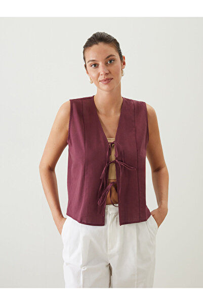 LC Waikiki ΝΕΑ ΣΕΖΟΝΑ ΑΠΟ ΤΗΝ GÜLİS GİYİM Καφέ μπλούζα με V-λαιμόκοψη και δέσιμο