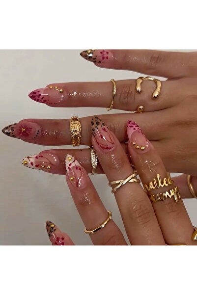 PİRAYE AKSESUAR 24'lü Leopar French Detaylı Kırmızı Ombreli Uzun Badem Jel Pr...