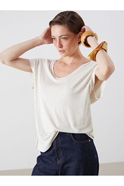 LC Waikiki LCW Vision Бежова дамска тениска с V-образно деколте от ленен микс