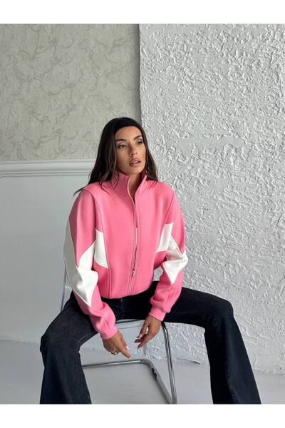 Zeynep Öykü Style Women's 3 Thread Combed Cotton Fabric Raised Garnished Color Block Oversized Cardigan Tracksuit Top Sweatshirt