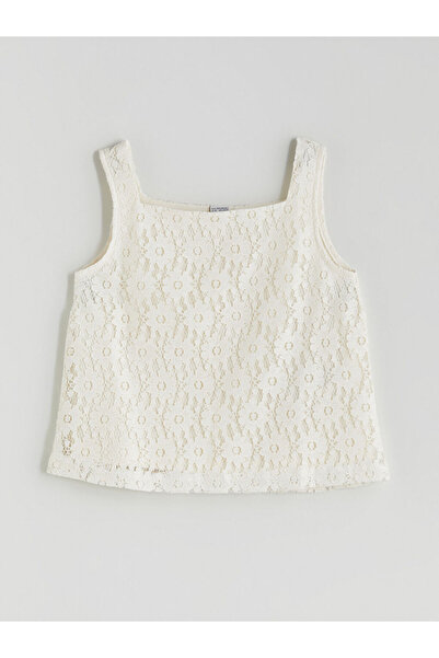 LC Waikiki Εκρού Κοριτσίστικη Δαντελένια Μπλούζα με Τετράγωνο Γιακά