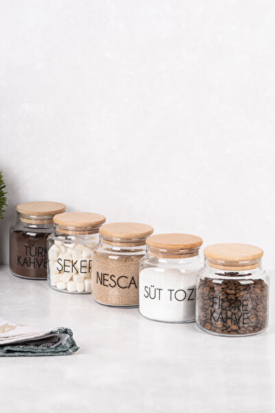 DNS HOME 5 Piece Glass Jar Set Vacuum Lid Storage Container Transparent Label Gift Coffee Corner Set 500 ml