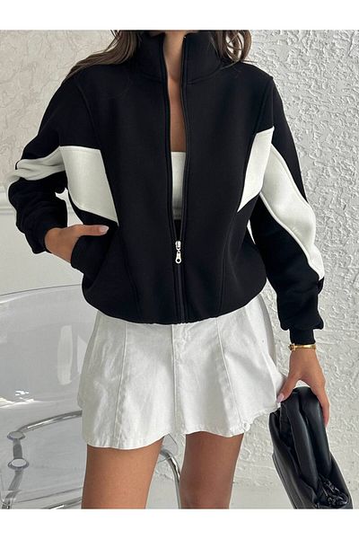 Zeynep Öykü Style Women's 3 Thread Combed Cotton Fabric Raised Garnished Color Block Oversized Cardigan Tracksuit Top Sweatshirt