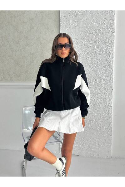 Zeynep Öykü Style Women's 3 Thread Combed Cotton Fabric Raised Garnished Color Block Oversized Cardigan Tracksuit Top Sweatshirt