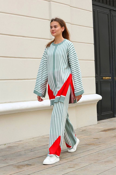 Zerenyus Striped Crew Neck Knitwear Suit Mint