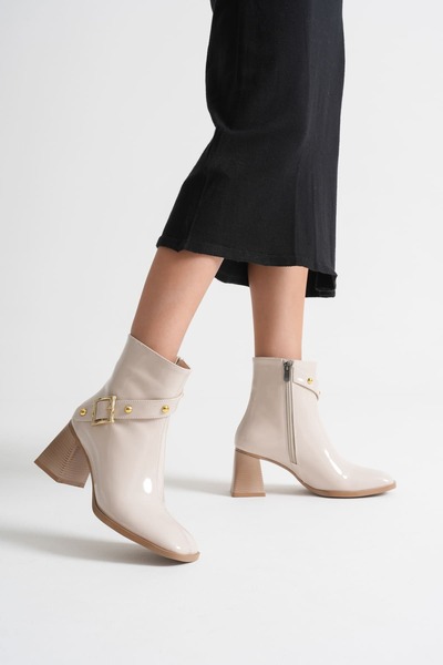 Zerenyus Limanu Premium Women's Beige Patent Leather Heeled Boots