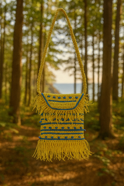 BİZİMSÜS Handmade Blue Beaded Phone Bagpaper String Bag - Straw Bag