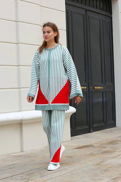 Zerenyus Striped Crew Neck Knitwear Suit Mint