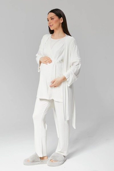 TREND Gizli Emzirme Özellikli Sabahlıklı Dantel Detaylı Lohusa Hamile Pijama Takımı Ekru - 519