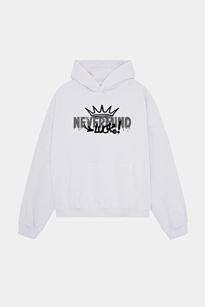 NEVERMIND Unisex Λευκό με κουκούλα Φούτερ - Luck με τύπωμα oversized Hoodie