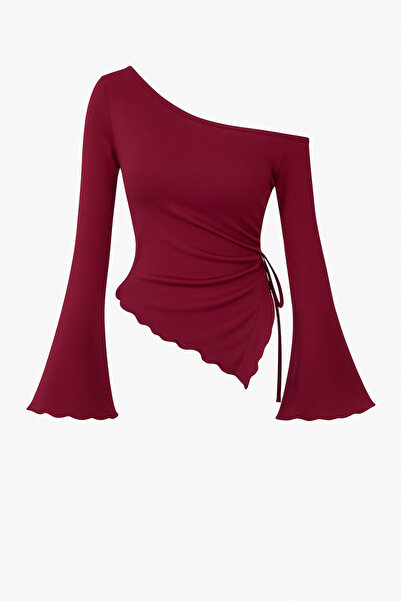 Wild Flower Vínová halenka s dlouhým rukávem a asymetrickým výstřihem s drapérií a bočním zavazováním