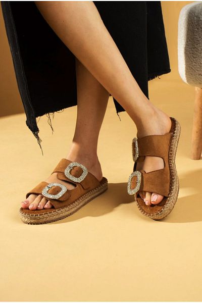 Zerenyus Hertas Premium Women's Mink Suede Crystal Double Buckle Poly Comfortable Straw Sole Slippers