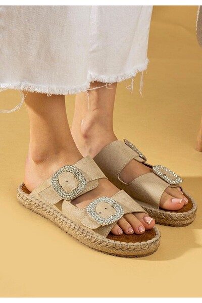 Zerenyus Hertas Premium Women's Beige Suede Crystal Double Buckle Poly Comfortable Straw Sole Slippers
