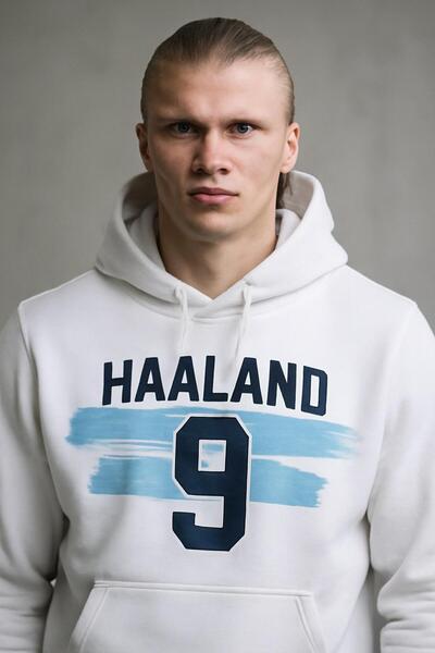 CLASSY.MODA Φούτερ με κουκούλα Haaland 9 – Λευκό Unisex αθλητικό φούτερ με κουκούλα – Άνετο καθημερινό στυλ