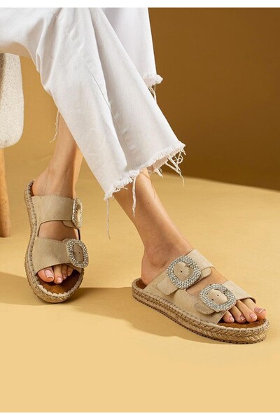 Zerenyus Hertas Premium Women's Beige Suede Crystal Double Buckle Poly Comfortable Straw Sole Slippers