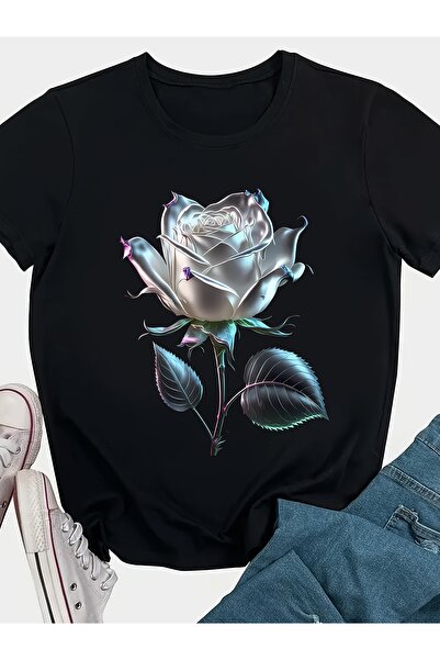 GALASHOP تي شيرت نسائي منقوش باللون الفضي