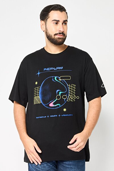 Replay تي شيرت رجالي بطبعة جرافيكية بأكمام قصيرة ورقبة دائرية، أسود