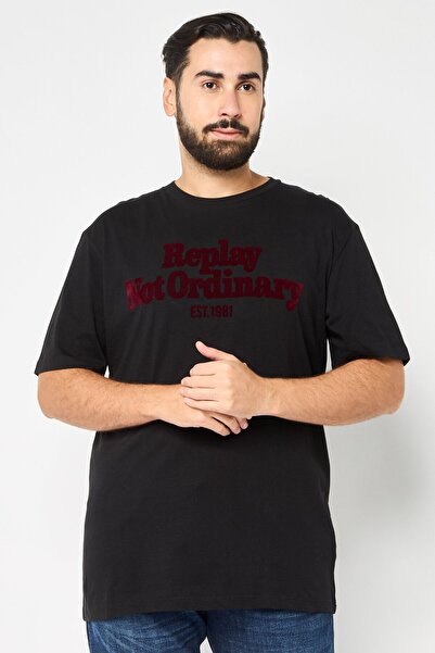 Replay تي شيرت رجالي بشعار العلامة التجارية بأكمام قصيرة ورقبة دائرية، أسود