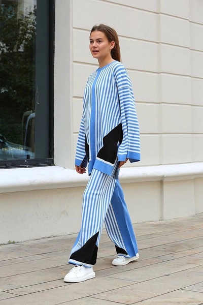 ufukmoda Striped Crew Neck Knitwear Suit Blue