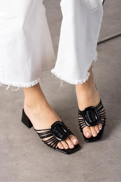 ufukmoda Anca Black Patent Leather Heeled Slippers
