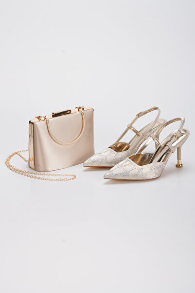 DYG STORE Women's Style Heeled Special Production Evening Dress Shoes and Bag Combination