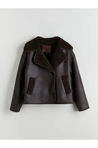 LC Waikiki Brown Biker Collar Oversize Women's Suede Coat