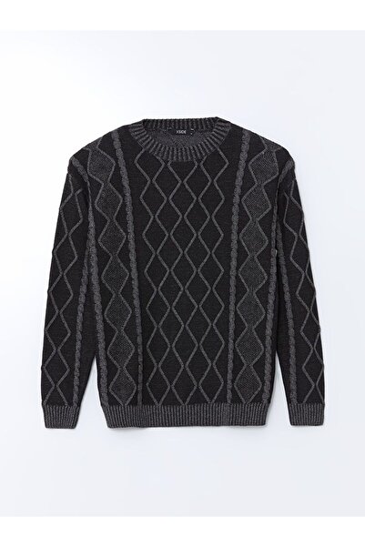 LC Waikiki Μαύρο πλεκτό πουλόβερ με μακρυμάνικο σχέδιο για άνδρες