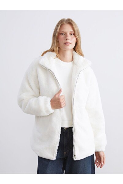 LC Waikiki Ecru Stand Collar Women's Plush Coat