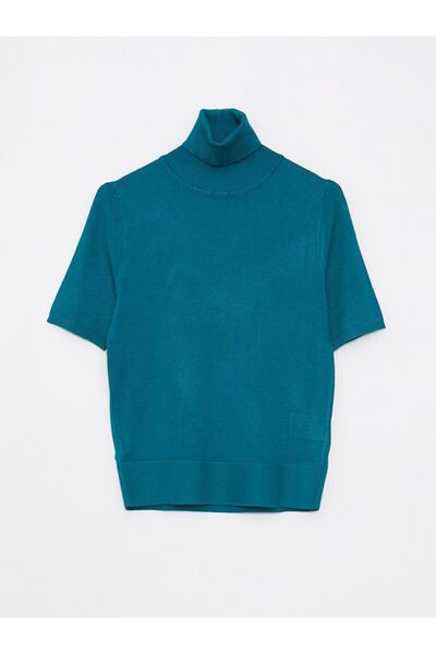 LC Waikiki Turkuaz Balıkçı Yaka Düz Kısa Kollu Kadın Triko Kazak