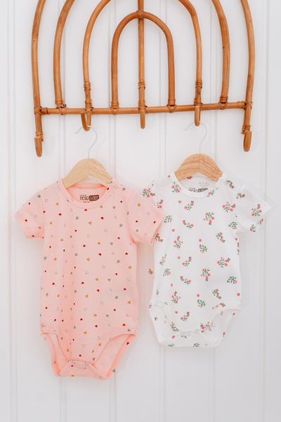 Hello Baby 100% Cotton 2-Piece Flower Heart Patterned Baby Kids Short Sleeve Bodysuit