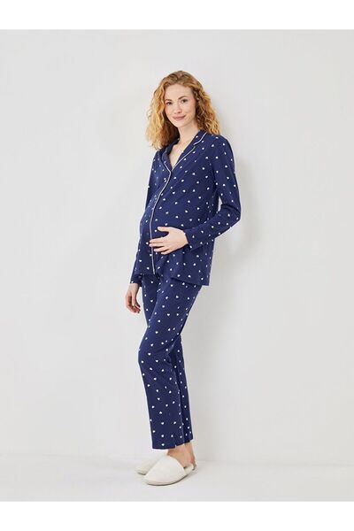 LC Waikiki Lacivert Gömlek Yaka Baskılı Hamile Pijama Takımı