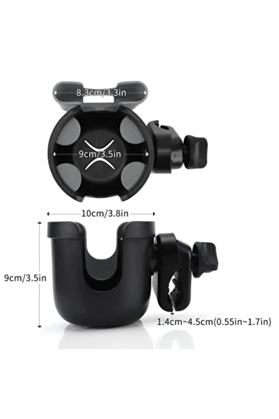 FizioTab FizioTab® Universal Cup Holder for Bottle, Phone, for Stroller, 360° Grip, Black/Grey