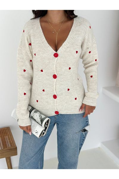 sportiness Soft Textured Heart Detailed Buttoned Cardigan