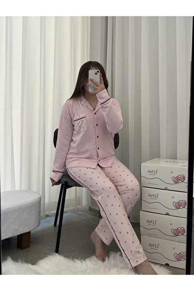 Lena Homewears Pembe Çiçek Desenli Pembe Waffle Premium Pijama Takımı