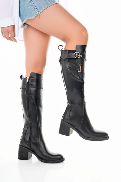 NOSEY SHOES Milan Model Genuine Leather Elastic Round Toe Buckle Long Boots with Thick Heel with Side Zip