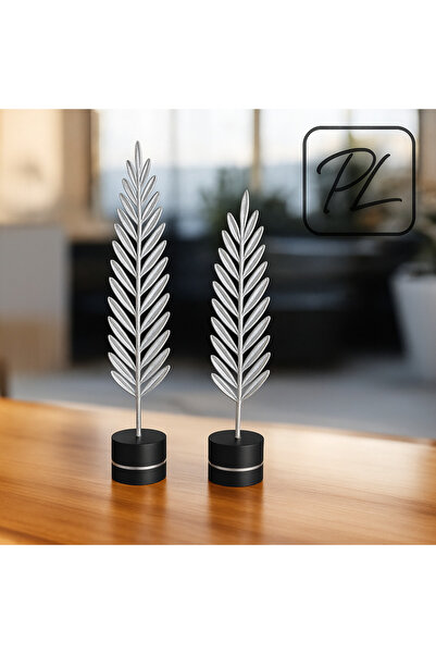 PL DİZAYN 2'li Gümüş Yaprak Biblo Seti Modern Dekoratif Salon Ofis Süsü