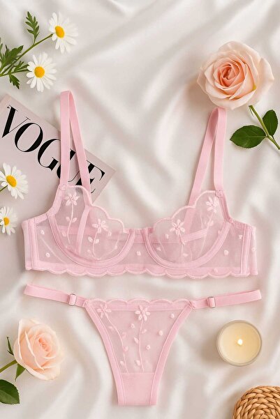 hepimiz alalım Σετ εσωρούχων με ροζ φλοράλ σχέδιο, δαντέλα και μπραλέτα