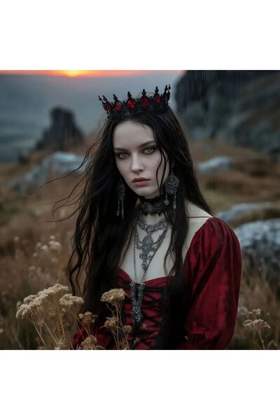 Yıldız Accessory Gothic Red Stone Black Crown Viking Style Round Metal Headgear Halloween Dead Party Henna